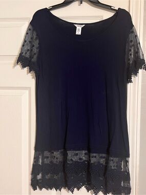 Kaktus Navy Short Sleeve Tunic with Lace & Dotted Mesh Trim